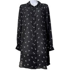Press Dress Paper Crane Print Button Down Shirt Dress Tunic Top Sz M Semi-Sheer
